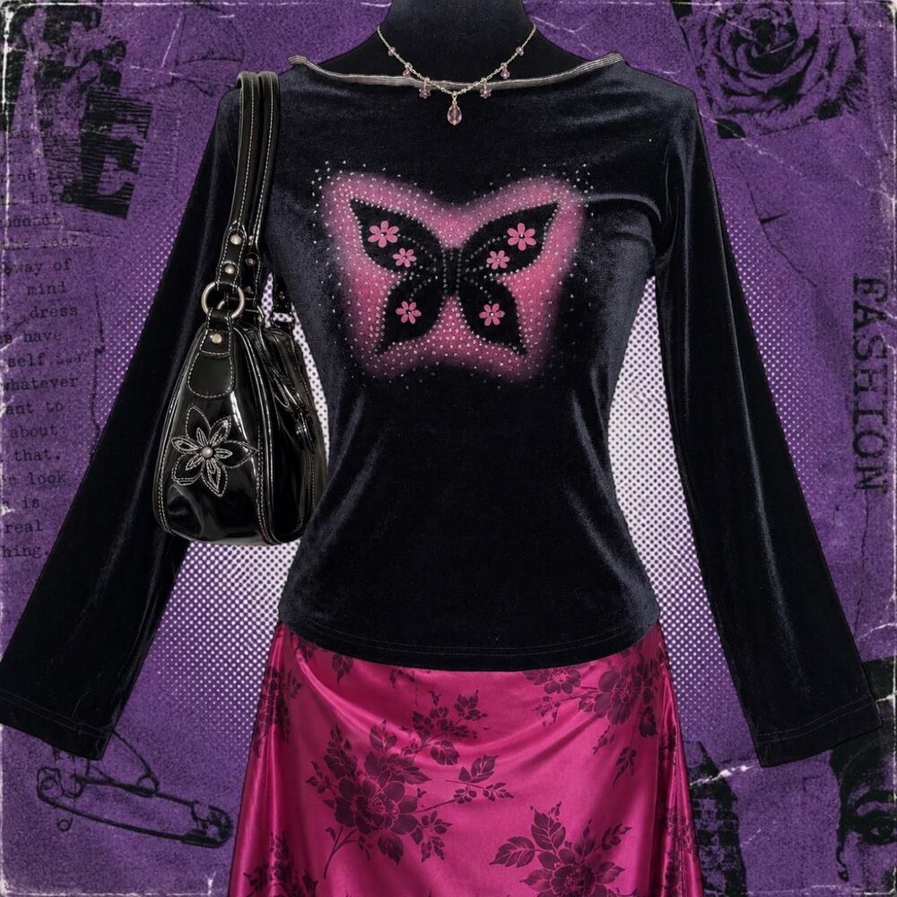 Vintage Y2K 90s Black Velvet Butterfly Top
